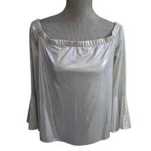 AUM COUTURE SILVER METALLIC LORA OFF THE SHOULDER TOP SIZE MEDIUM MSRP $148